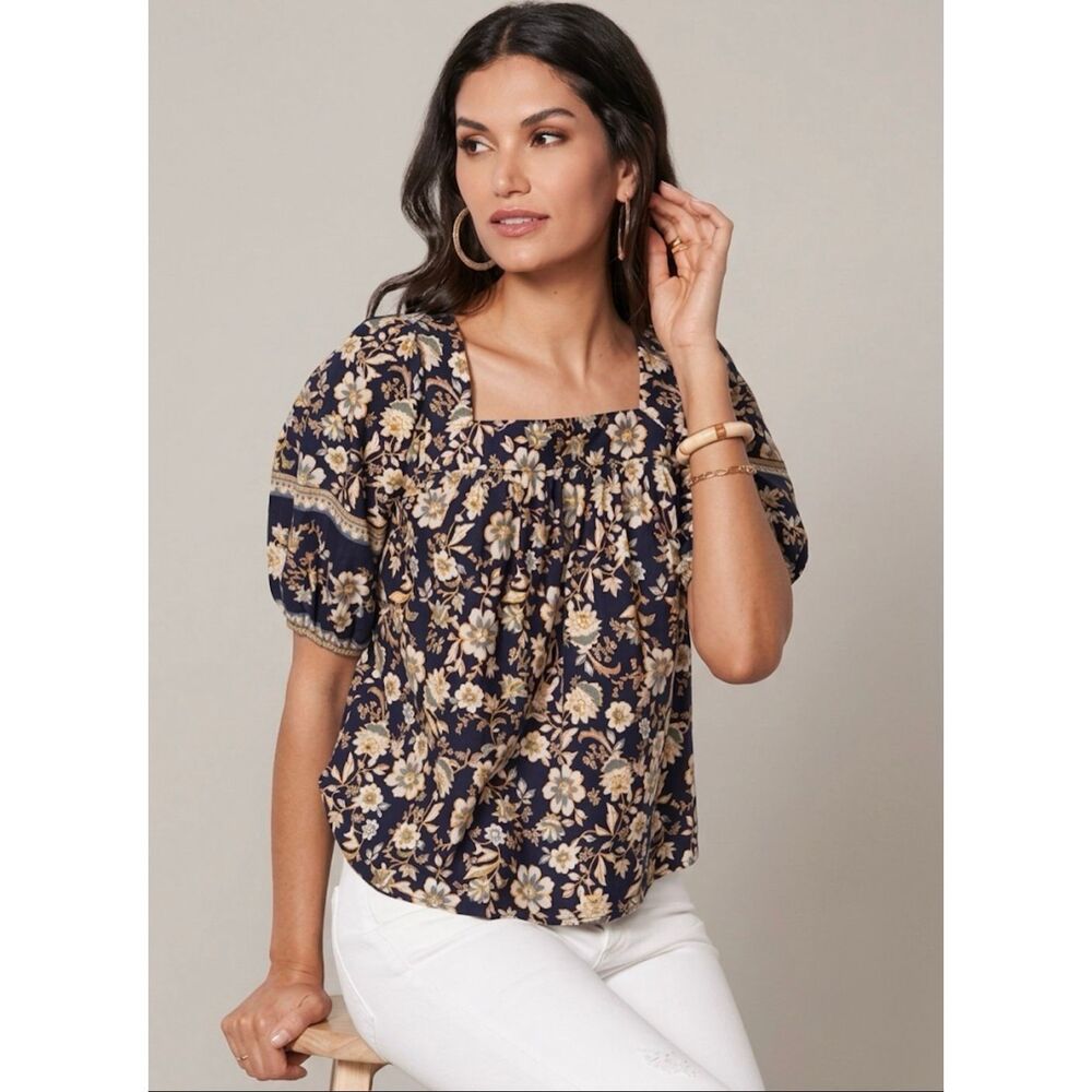 NWOT Roan + Ryan Navy Floral Puff Sleeve Boho Cottagecore Blouse Medium